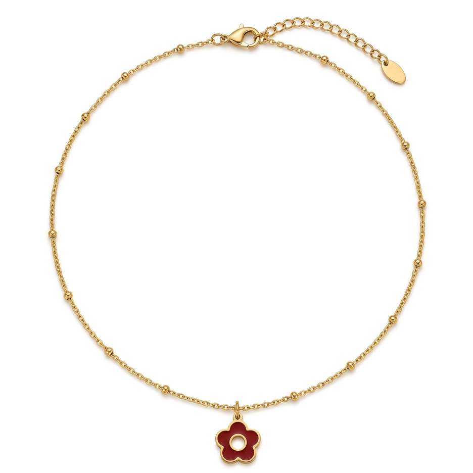 Collier Pétale chaîne satellite dorée pendentif fleur émail rouge trou central fond blanc acier inoxydable KD Softy Bijoux
