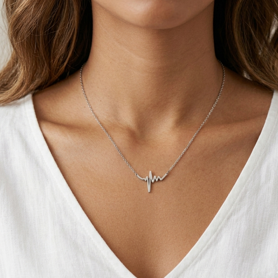 Collier Pulse pendentif battement cœur argenté gros plan cou décolleté femme KD Softy Bijoux