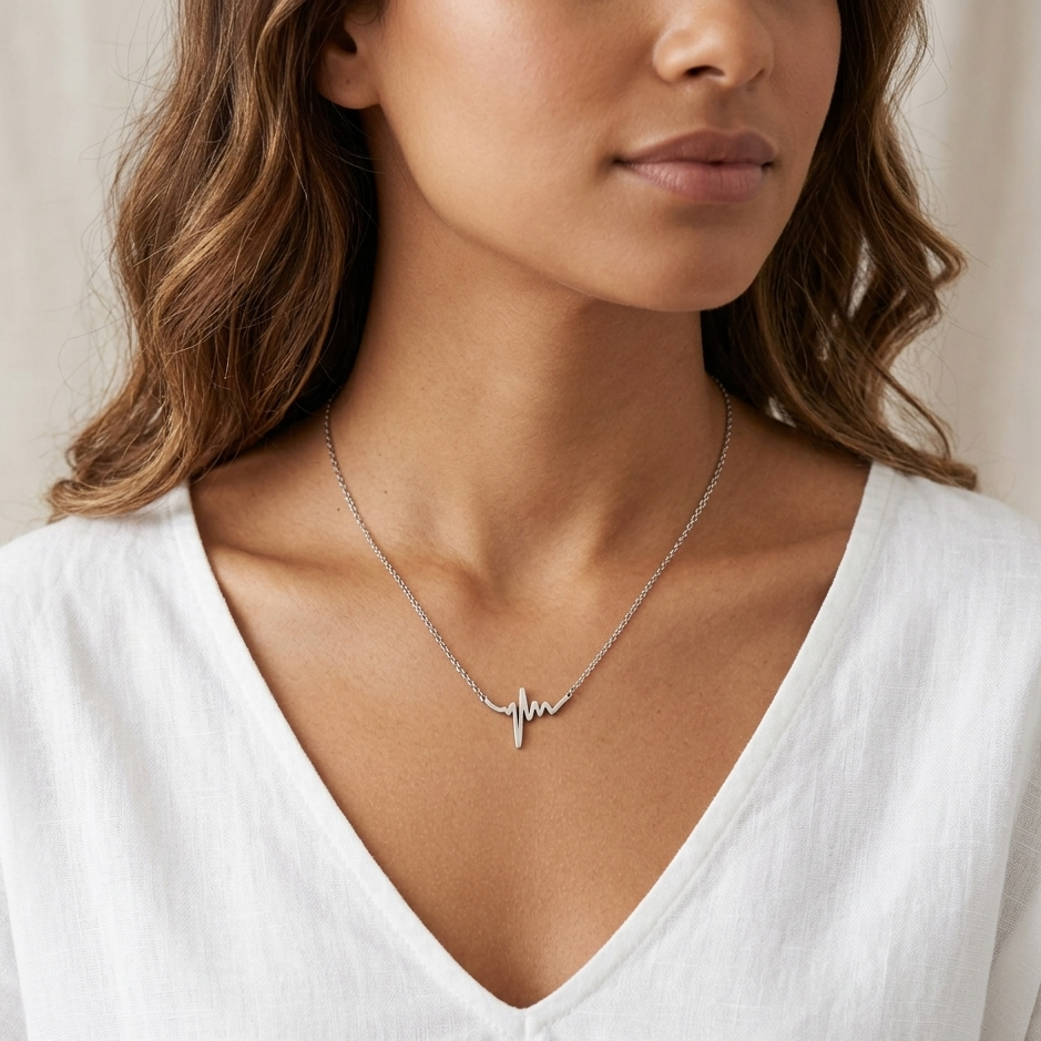 Collier Pulse pendentif battement cœur argenté porté femme peau caramel tenue de jour KD Softy Bijoux