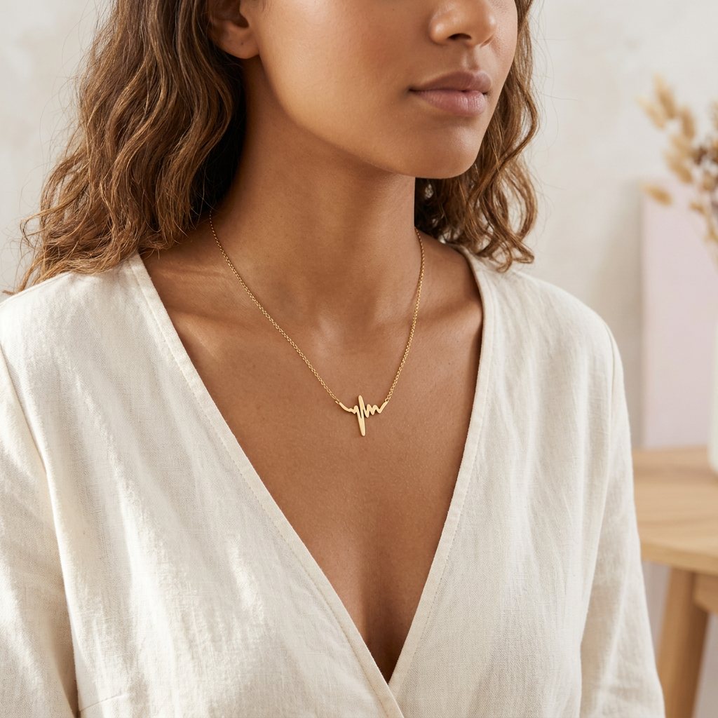 Collier Pulse pendentif battement cœur doré porté femme peau caramel tenue de jour KD Softy Bijoux