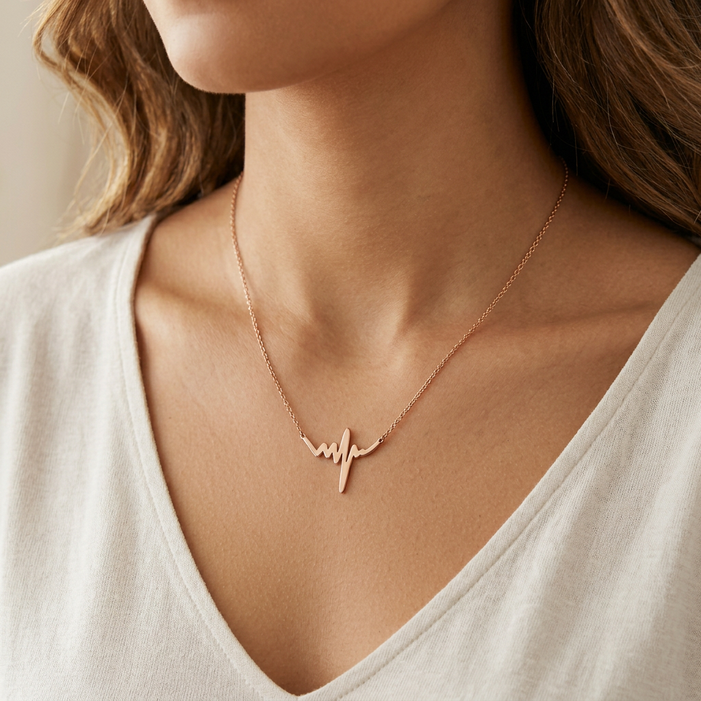 Collier Pulse pendentif battement cœur or rose gros plan cou décolleté femme KD Softy Bijoux