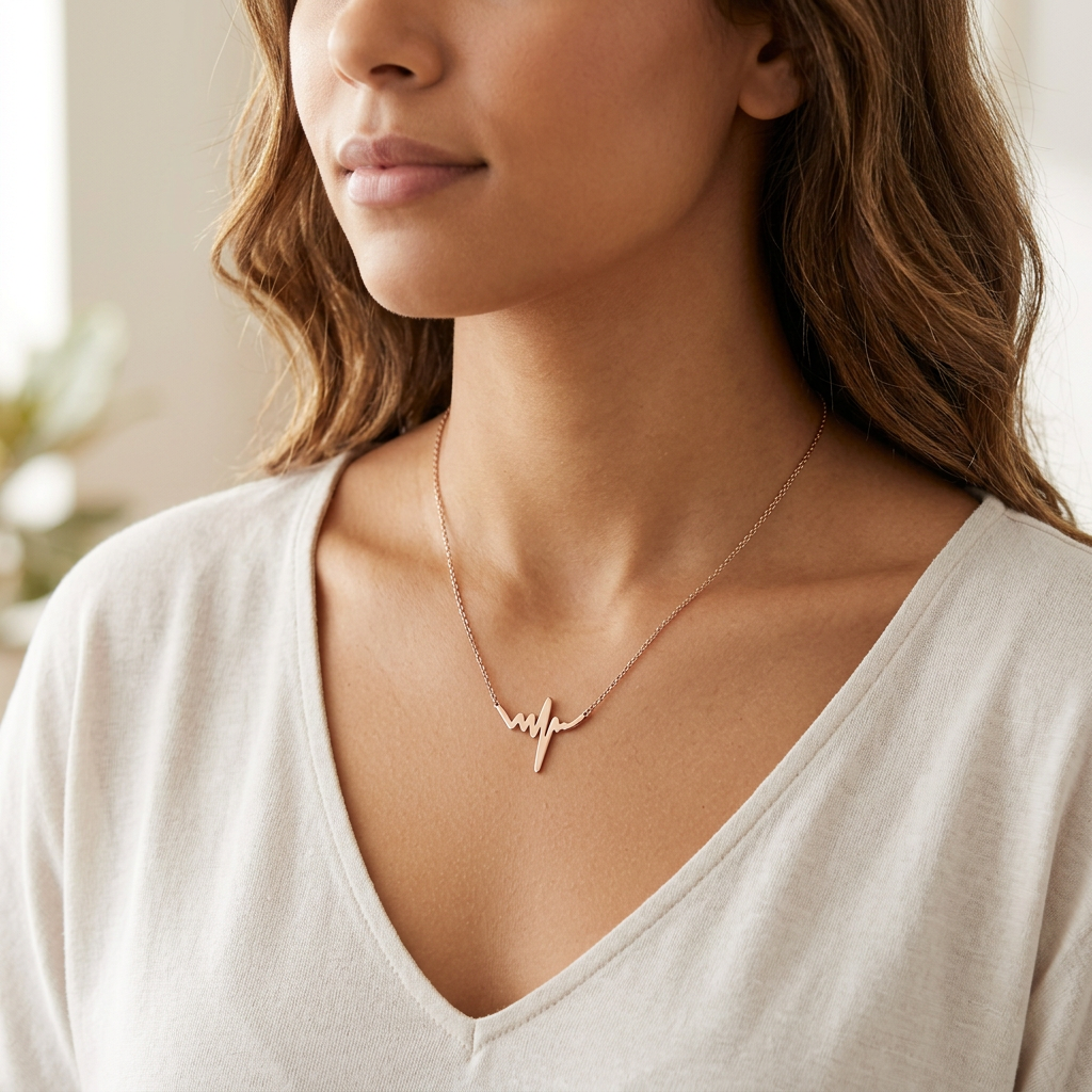 Collier Pulse pendentif battement cœur or rose porté femme peau caramel tenue de jour KD Softy Bijoux
