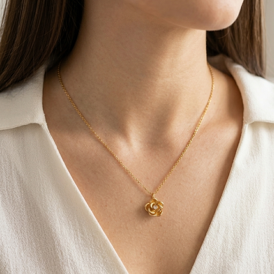 Collier Rosa chaîne fine dorée pendentif rose 3D gros plan cou décolleté femme KD Softy Bijoux