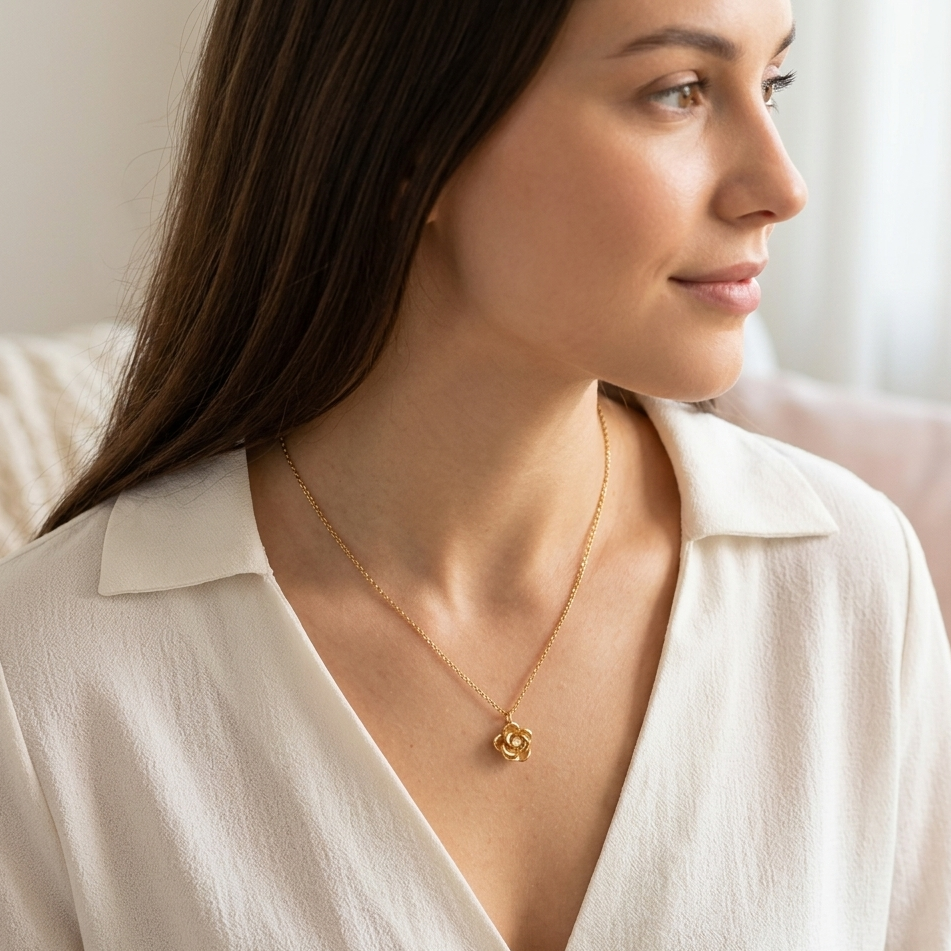 Collier Rosa pendentif rose 3D dorée porté femme brune européenne tenue de jour KD Softy Bijoux