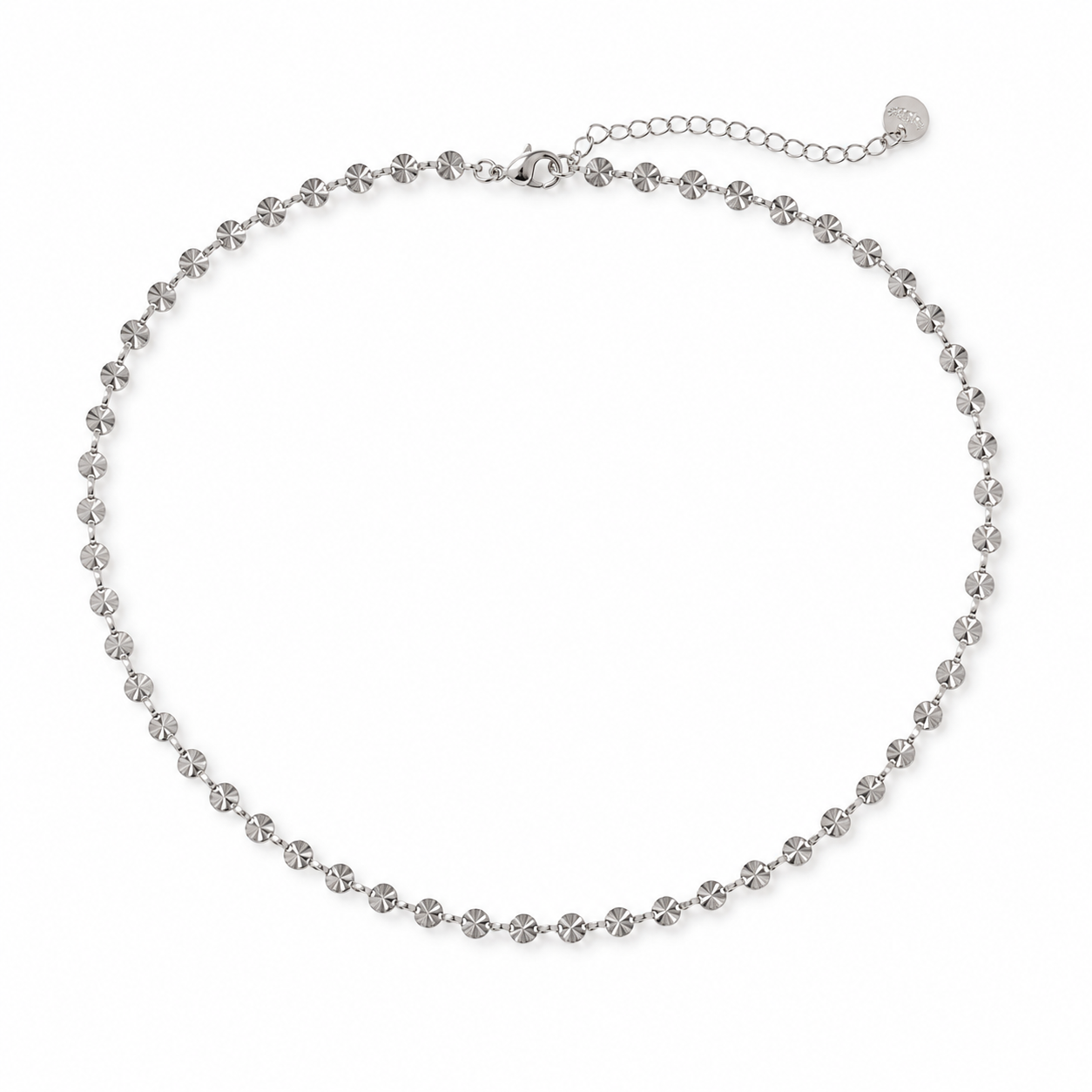Collier Soleil chaîne disques facettés argentés fond blanc KD Softy Bijoux