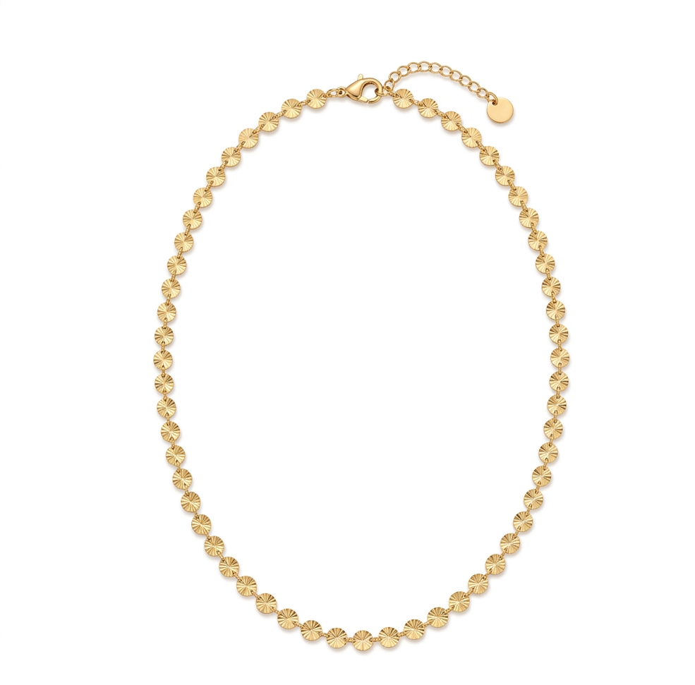 Collier Soleil chaîne disques facettés dorés fond blanc KD Softy Bijoux