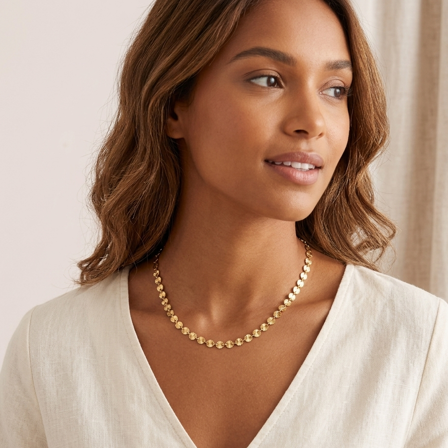 Collier Soleil chaîne disques dorés porté femme peau caramel tenue de jour KD Softy Bijoux