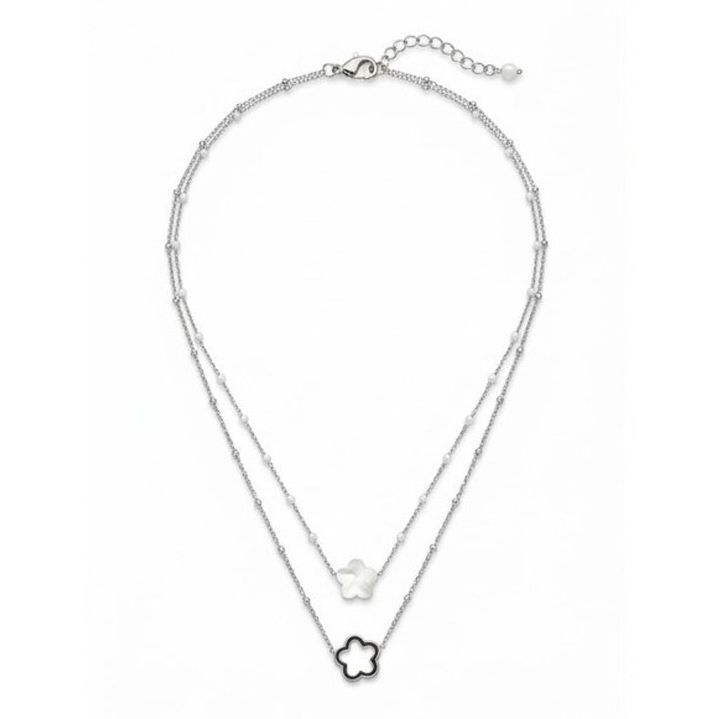 Collier Bloom blanc nacré double rangs fond blanc fleur nacrée irisée acier inoxydable KD Softy Bijoux