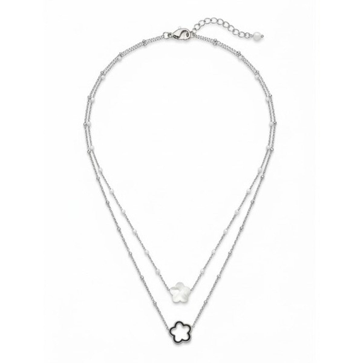 Collier Bloom blanc nacré double rangs fond blanc fleur nacrée irisée acier inoxydable KD Softy Bijoux