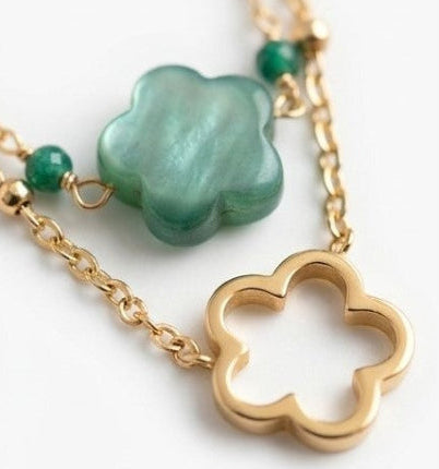 Collier Bloom émeraude gros plan fleur nacrée verte contour ajouré doré acier inoxydable KD Softy Bijoux