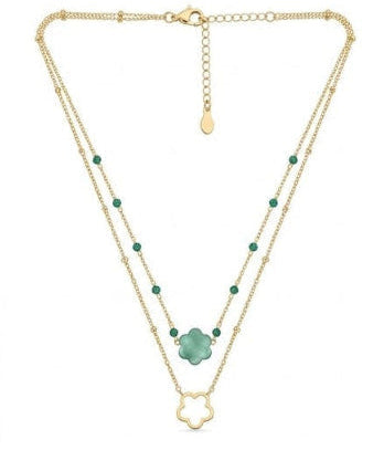 Collier Bloom émeraude double rangs fond blanc fleur nacrée irisée verte acier inoxydable KD Softy Bijoux