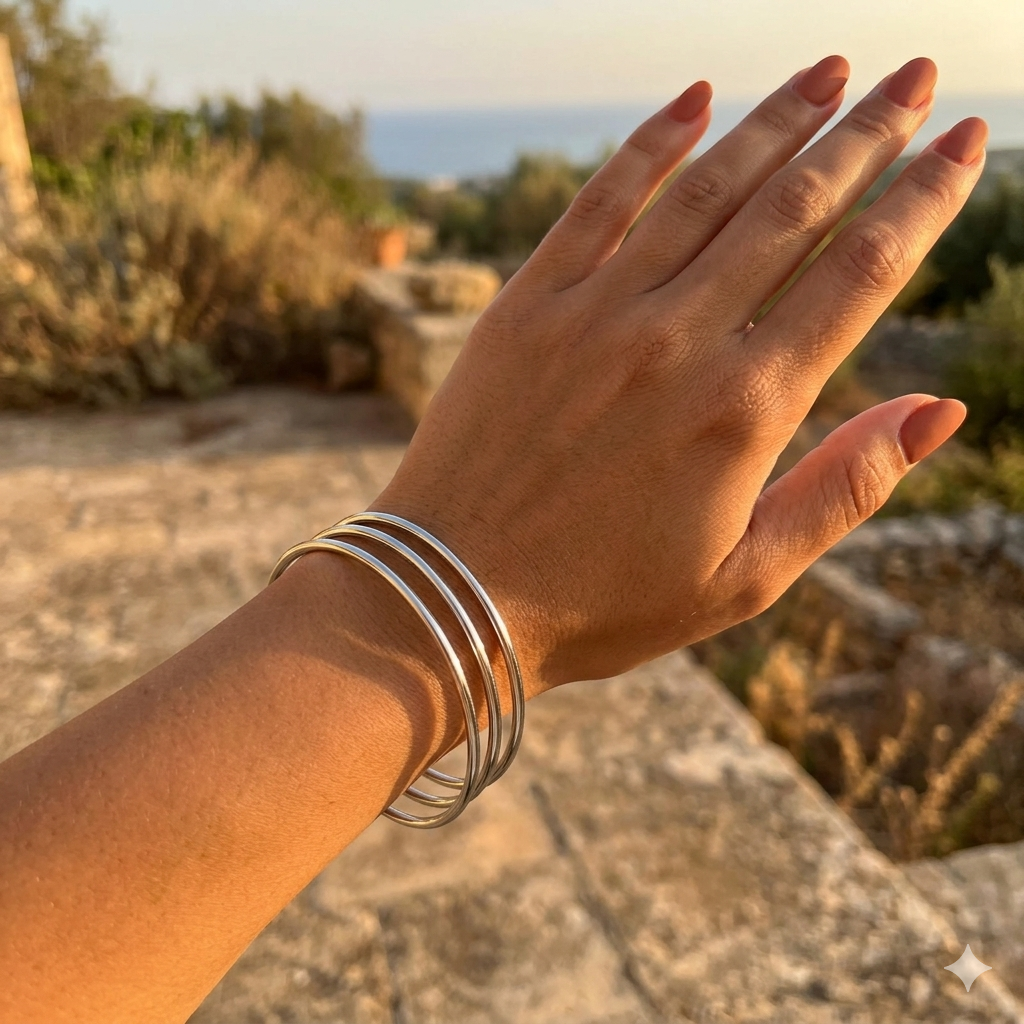 Jonc Elle argenté stack trois joncs poignet peau mate ambiance estivale KD Softy Bijoux