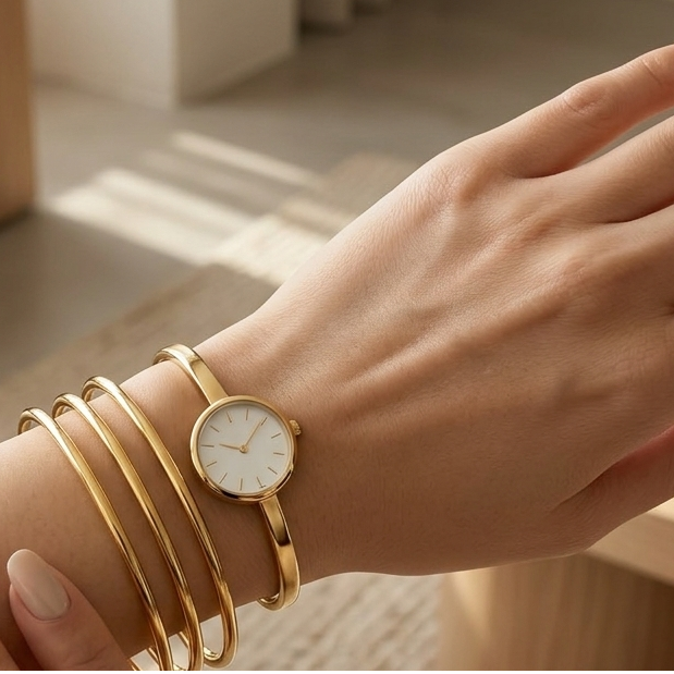 Jonc Elle doré stack trois joncs et montre fine poignet intérieur moderne KD Softy Bijoux