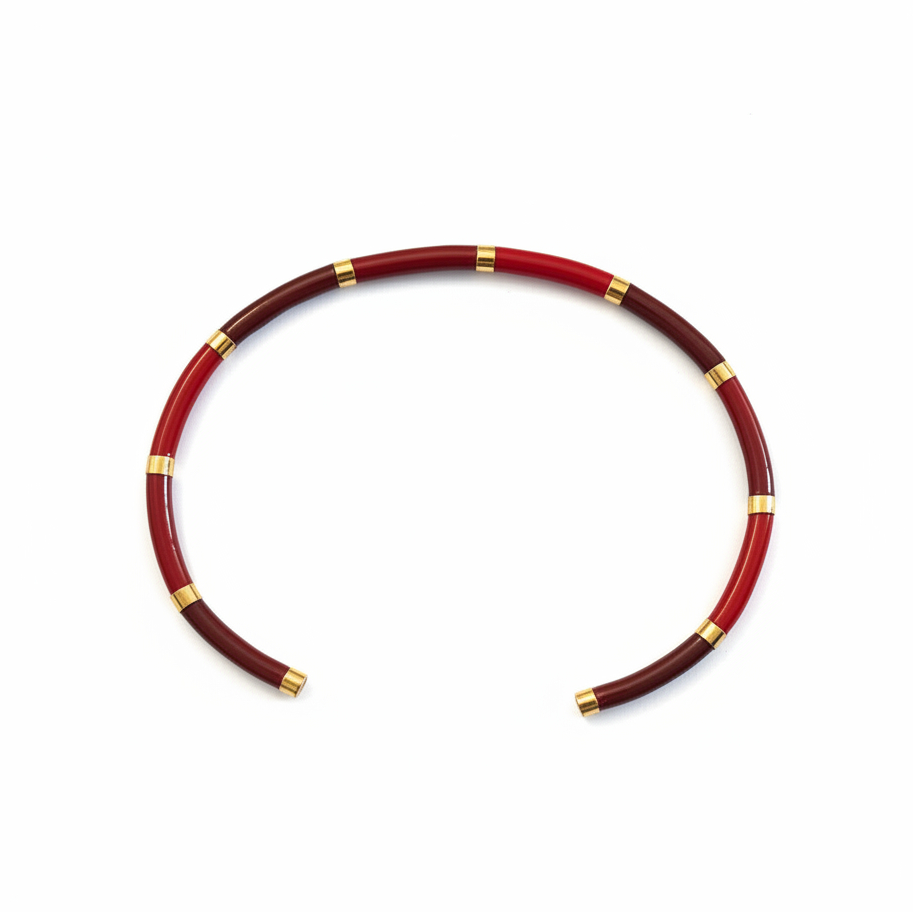 Jonc Mara bracelet fin tube en acier inoxydable couleur bordeaux avec anneaux dorés – KD Softy Bijoux