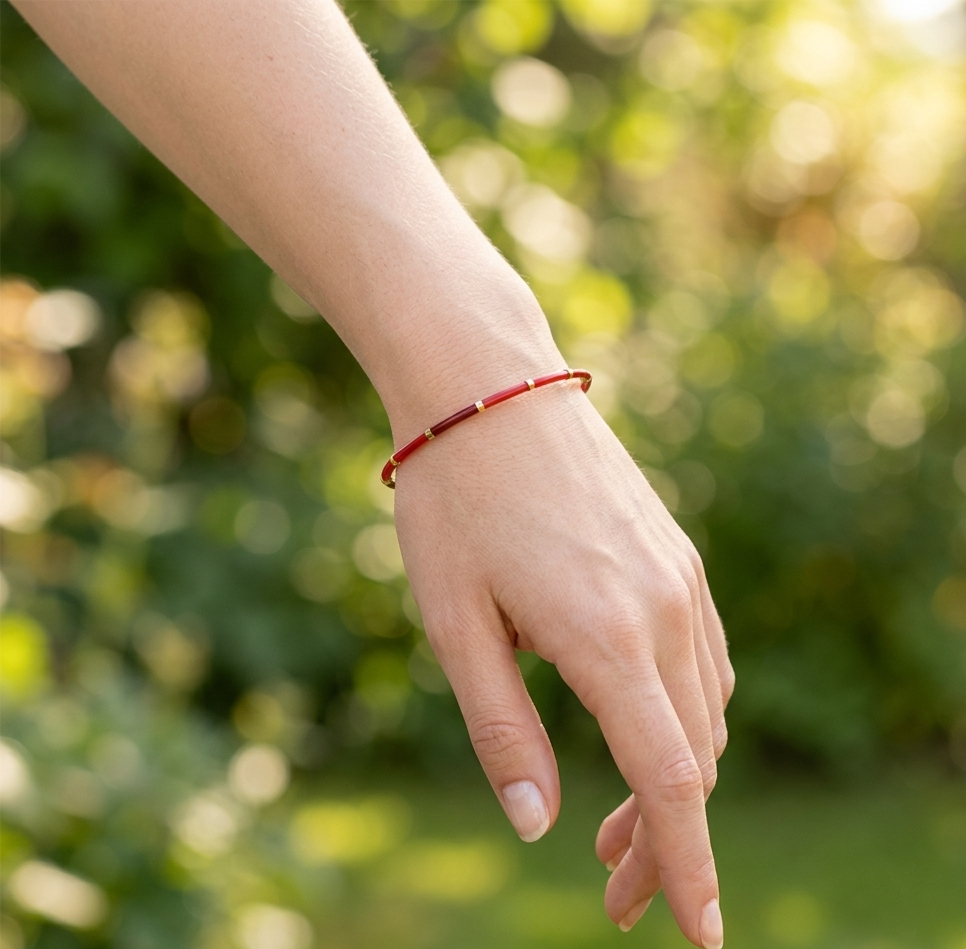 Jonc Mara bracelet fin émail bordeaux doré porté au poignet femme style été jardin KD Softy Bijoux